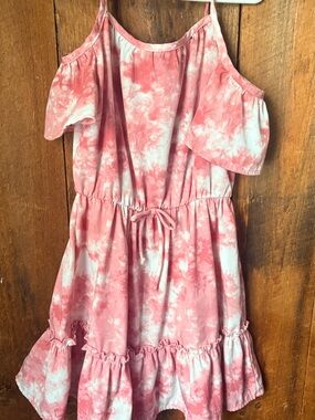 Girls' Pink Tie-Dye Cold-Shoulder Ruffle Dress
